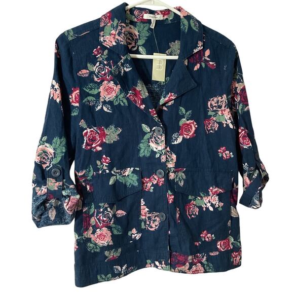 NWT XS Maurice's Linen Blend Jacket Top Shacket Blue Rose Floral Casual Office - Picture 1 of 7